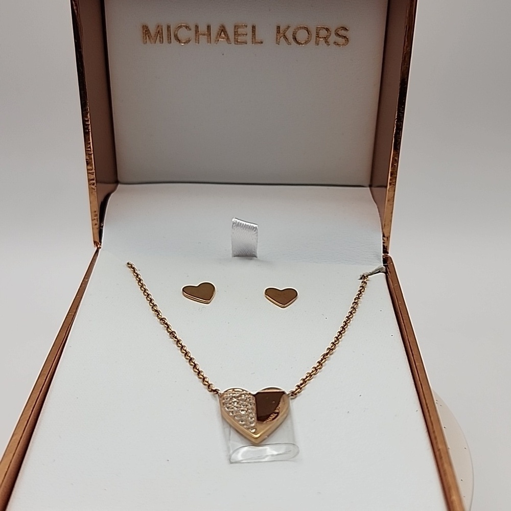 Michael Kors Rose‎ Gold Tone Heart Necklace and Earrings Set